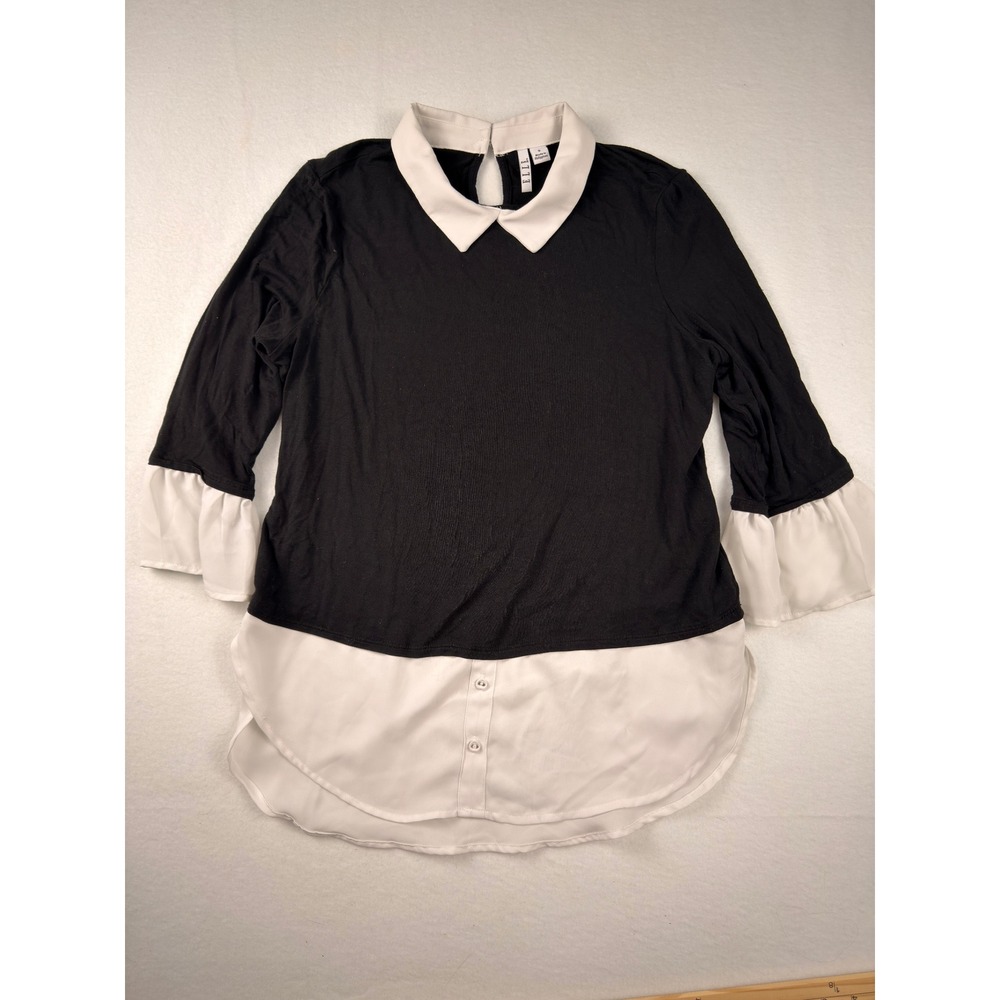 Elle Womens Black White Mixed Media Layered Look Top Small Peter Pan Collar Bell